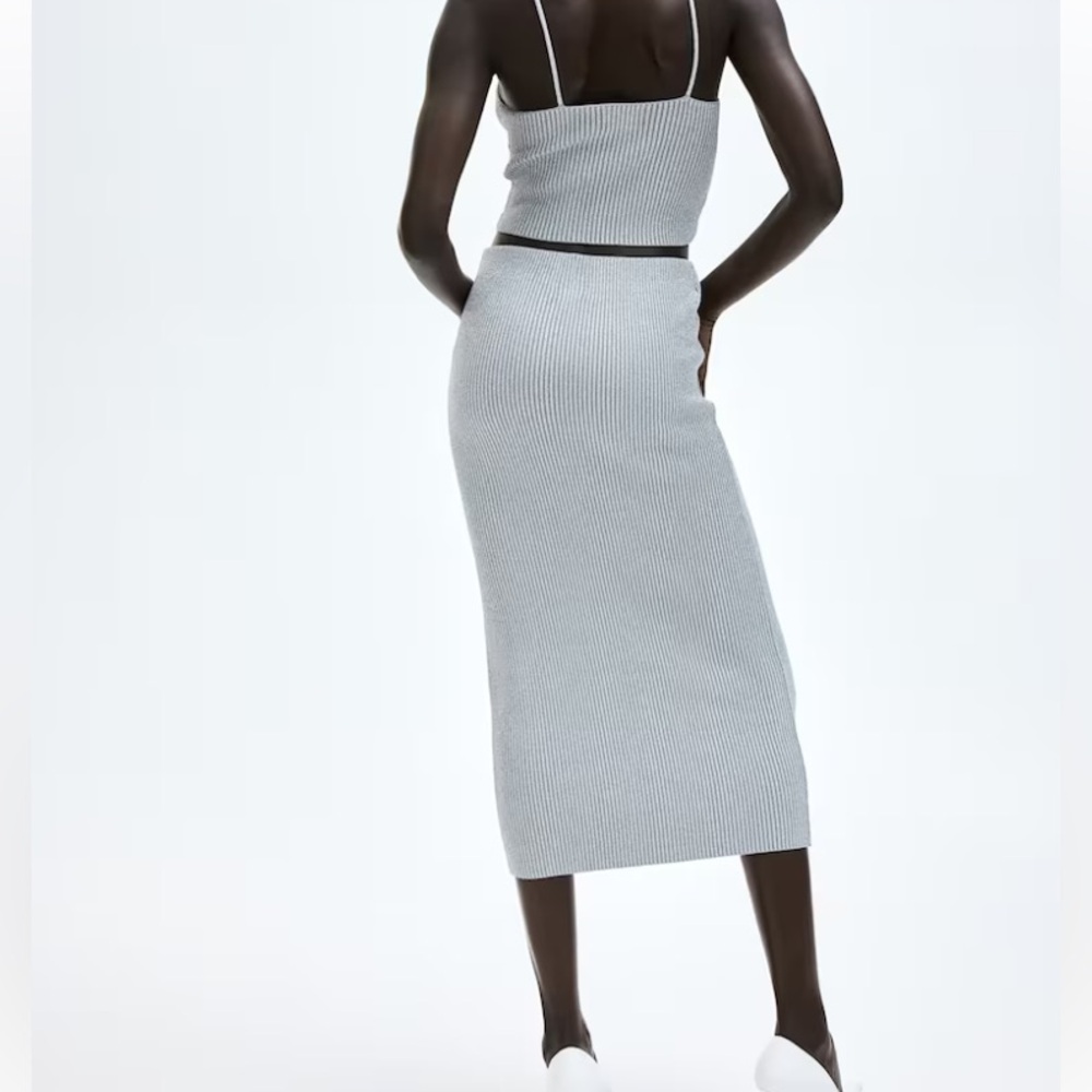 NWT Zara silver metallic ribbed knit midi skirt with from slit size XS